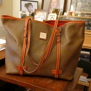 Dooney and Bourke Pebble leather tote in the color Mushroom, 16"L, 12"H, 7" W